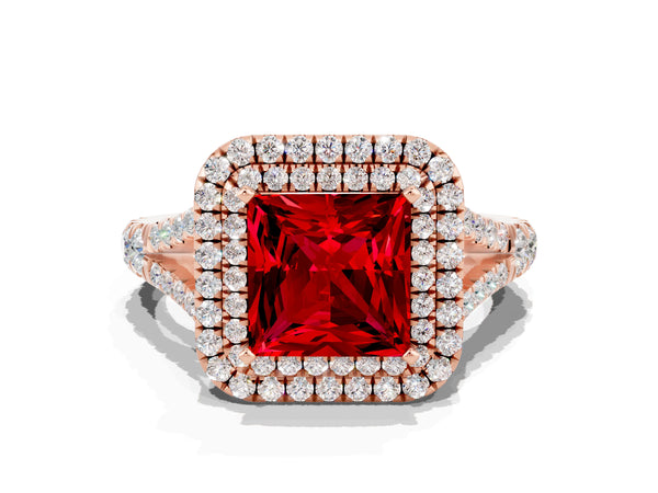 Rose gold Double Halo Princess Cut Ruby Pavé Split Shank Ring with Prong Setting