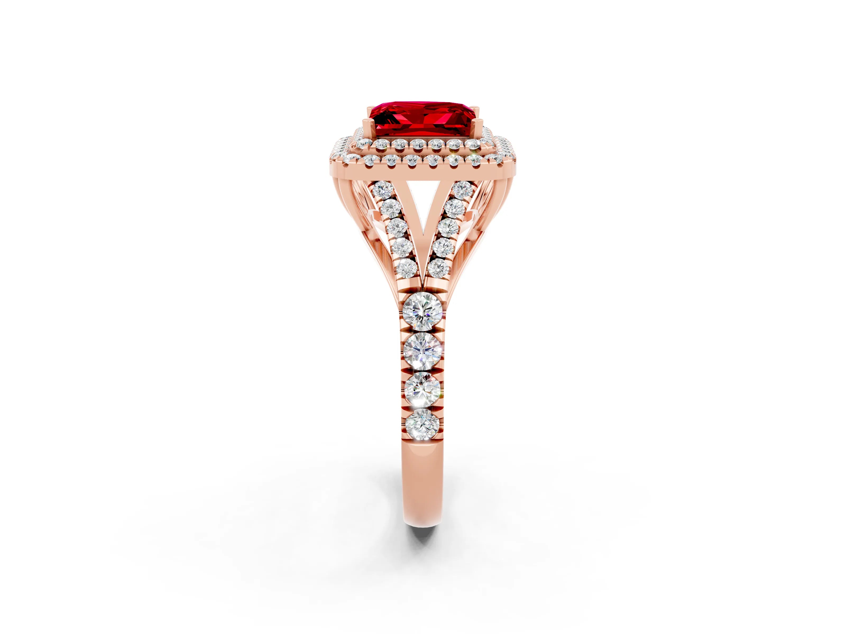 Rose gold Double Halo Princess Cut Ruby Pavé Split Shank Ring with Prong Setting_2