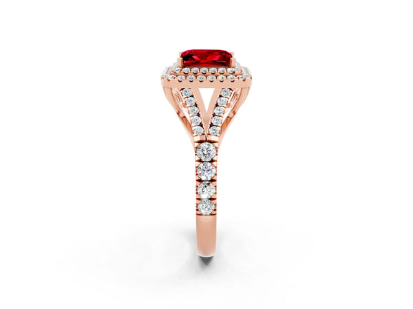 Rose gold Double Halo Princess Cut Ruby Pavé Split Shank Ring with Prong Setting