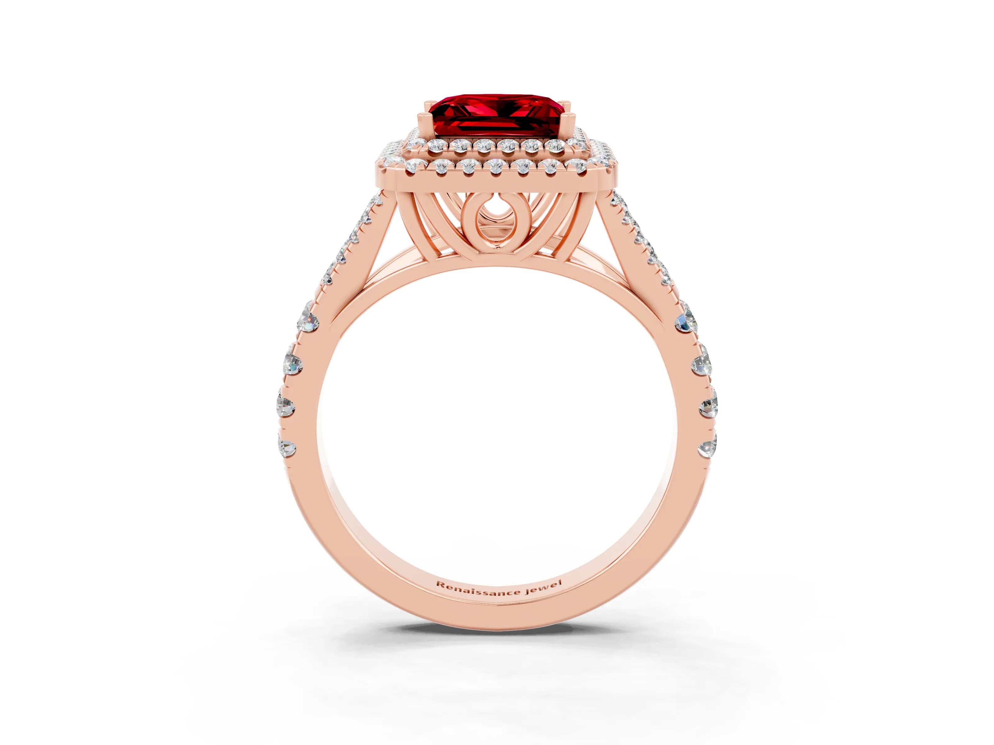 Rose gold Double Halo Princess Cut Ruby Pavé Split Shank Ring with Prong Setting_3