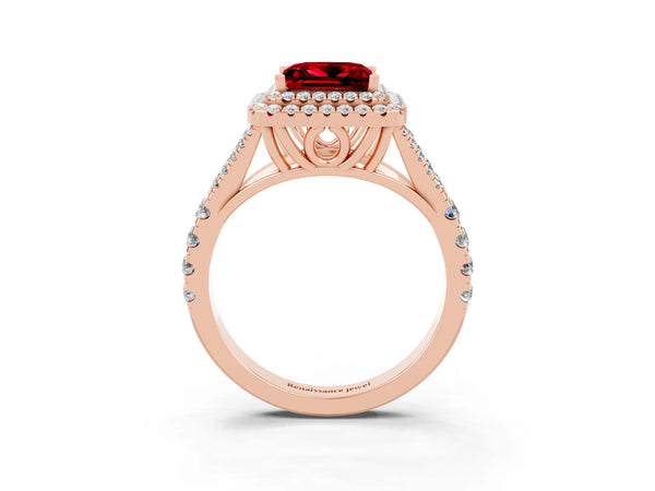 Rose gold Double Halo Princess Cut Ruby Pavé Split Shank Ring with Prong Setting