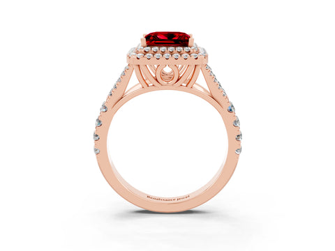 Rose gold Double Halo Princess Cut Ruby Pavé Split Shank Ring with Prong Setting_3