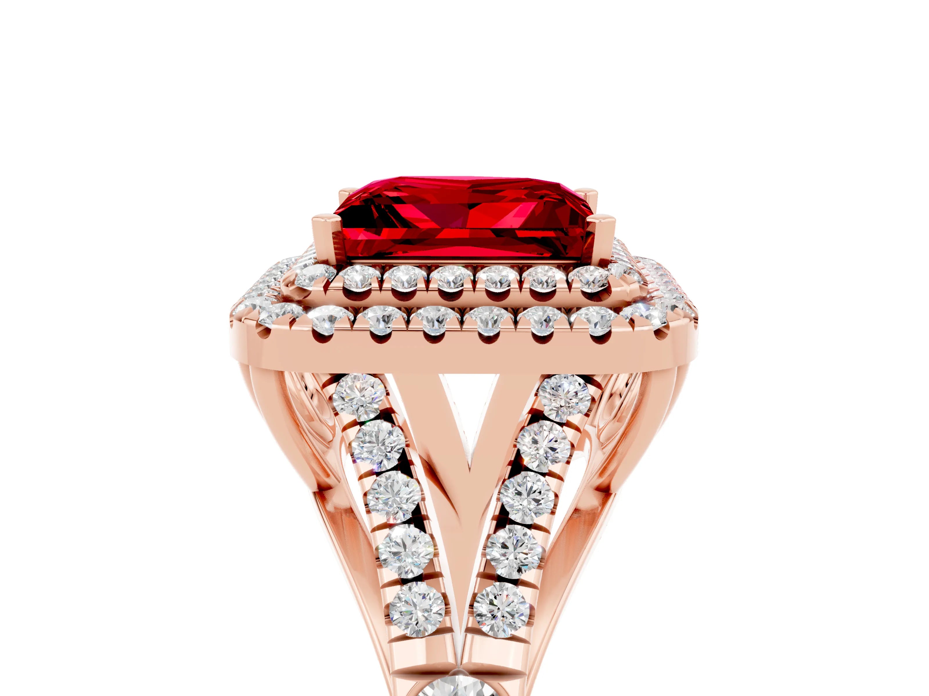 Rose gold Double Halo Princess Cut Ruby Pavé Split Shank Ring with Prong Setting_5