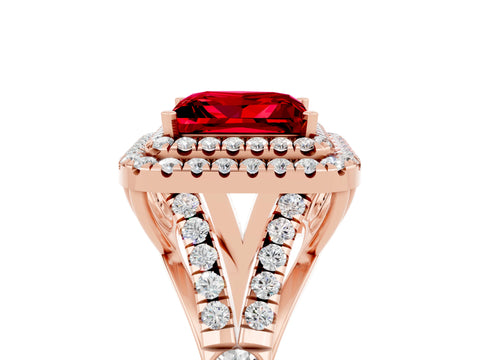 Rose gold Double Halo Princess Cut Ruby Pavé Split Shank Ring with Prong Setting_5