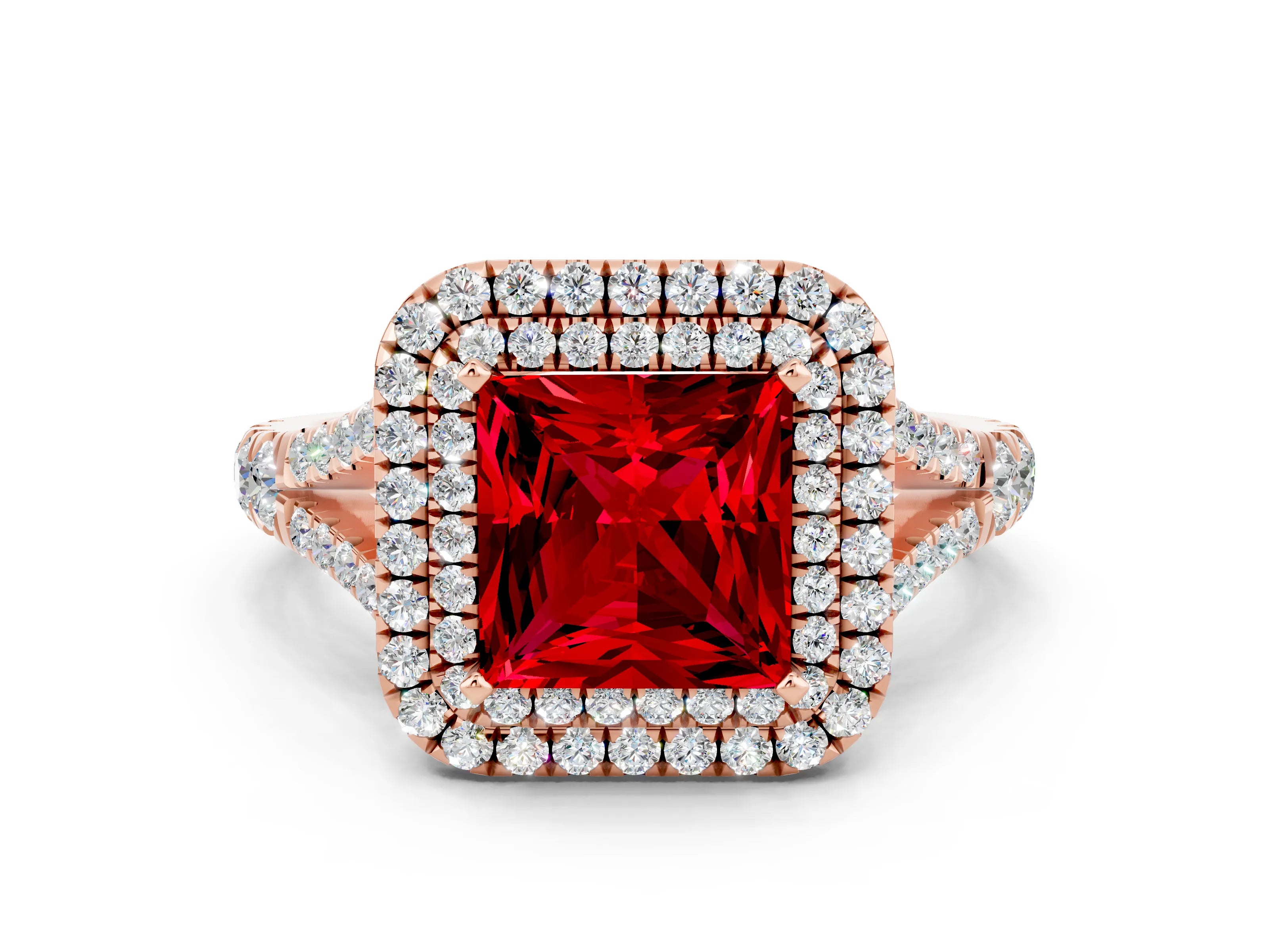 Rose gold Double Halo Princess Cut Ruby Split Shank Engagement Ring with Four-Prong Setting