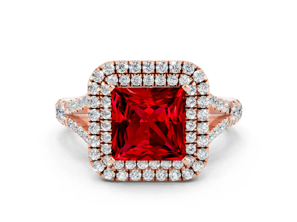 Rose gold Double Halo Princess Cut Ruby Split Shank Engagement Ring with Four-Prong Setting