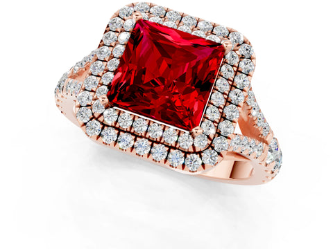 Rose gold Double Halo Princess Cut Ruby Split Shank Engagement Ring with Four-Prong Setting_1