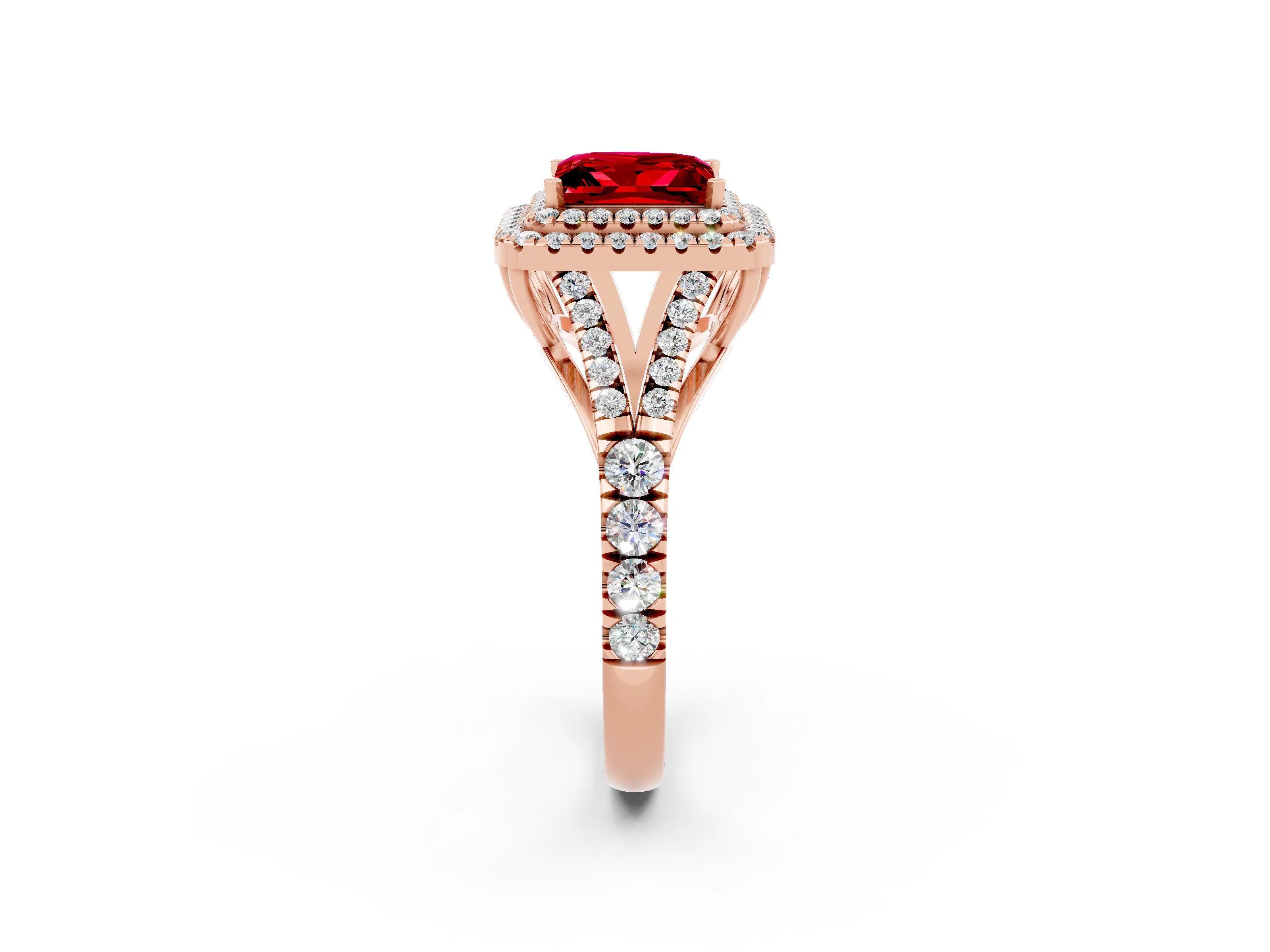 Rose gold Double Halo Princess Cut Ruby Split Shank Engagement Ring with Four-Prong Setting_2