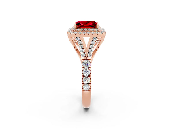 Rose gold Double Halo Princess Cut Ruby Split Shank Engagement Ring with Four-Prong Setting