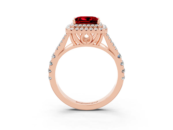 Rose gold Double Halo Princess Cut Ruby Split Shank Engagement Ring with Four-Prong Setting