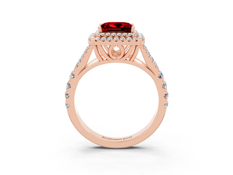 Rose gold Double Halo Princess Cut Ruby Split Shank Engagement Ring with Four-Prong Setting_3