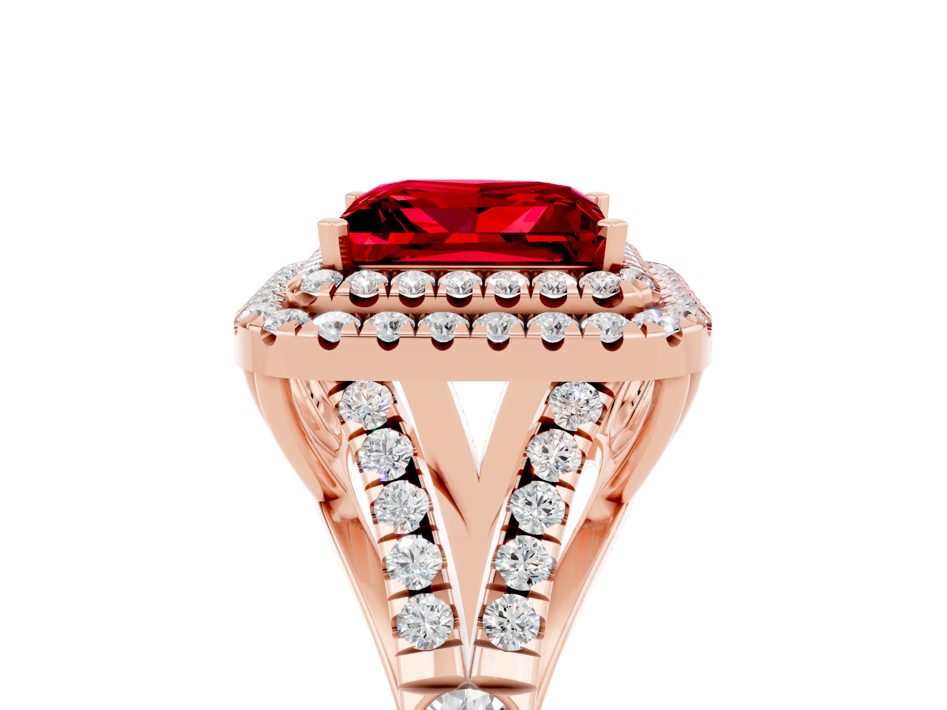 Rose gold Double Halo Princess Cut Ruby Split Shank Engagement Ring with Four-Prong Setting_5