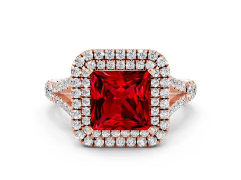 Rose gold Double Halo Princess Cut Ruby Split Shank Engagement Ring with Four-Prong Setting