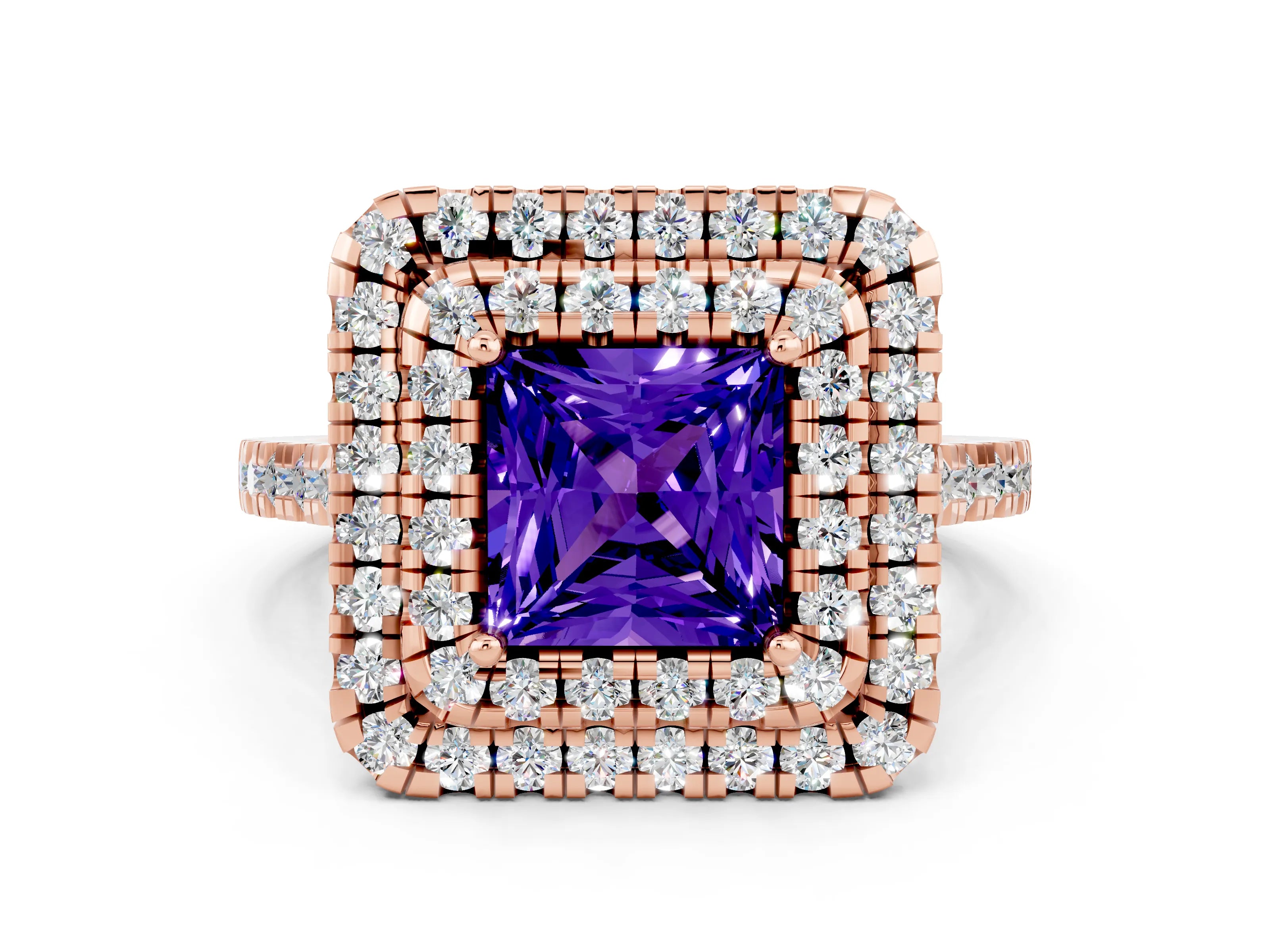 Rose gold Double Halo Princess Cut Tanzanite Pavé Band with Four-Prong Setting