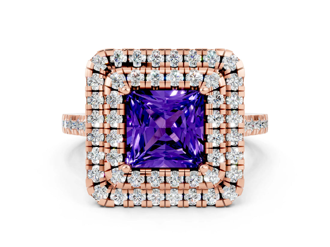 Rose gold Double Halo Princess Cut Tanzanite Pavé Band with Four-Prong Setting