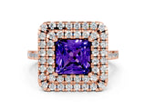 Rose gold Double Halo Princess Cut Tanzanite Pavé Band with Four-Prong Setting
