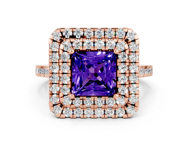 Rose gold Double Halo Princess Cut Tanzanite Pavé Band with Four-Prong Setting