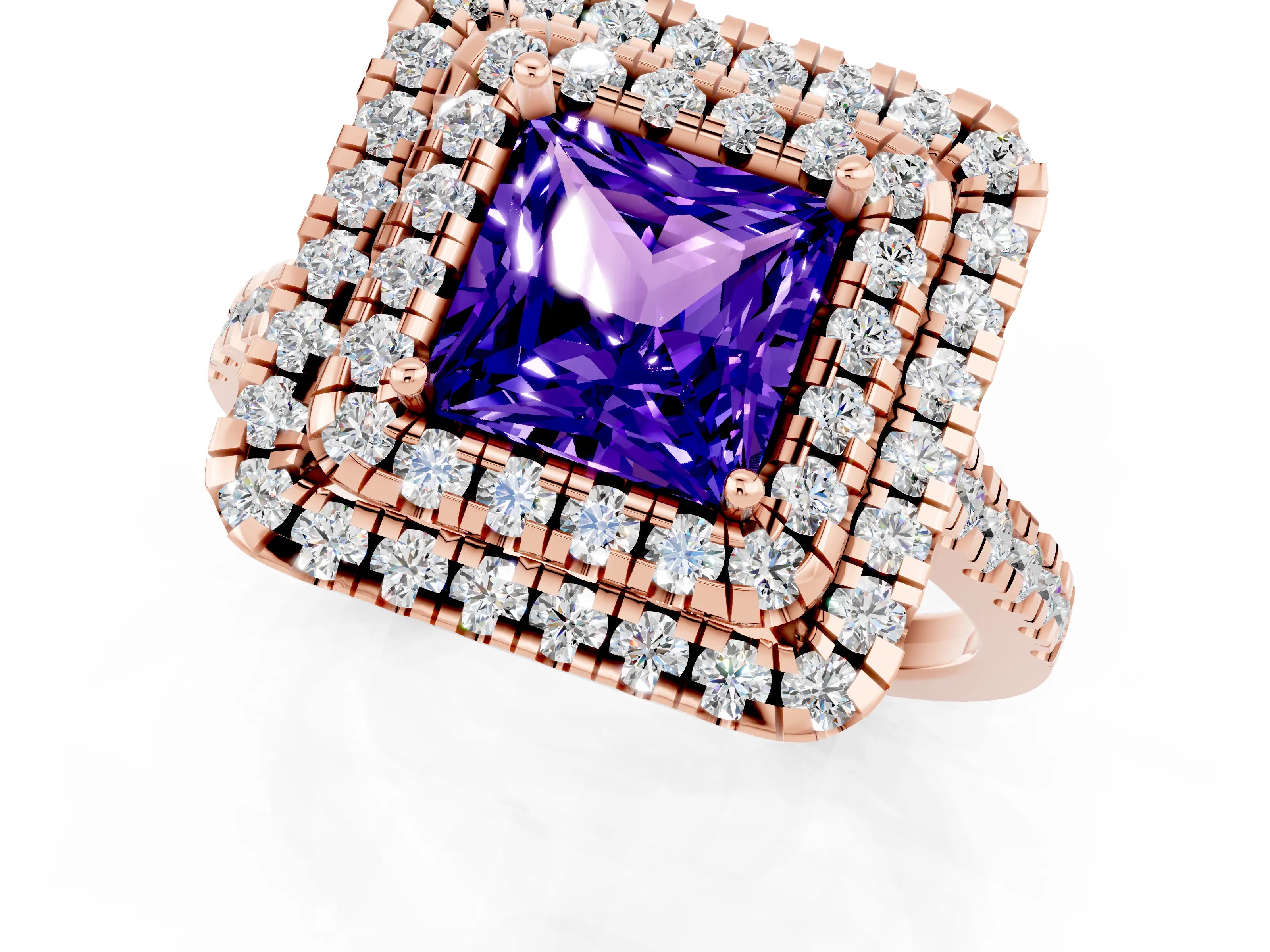 Rose gold Double Halo Princess Cut Tanzanite Pavé Band with Four-Prong Setting_1