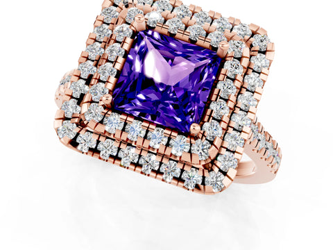 Rose gold Double Halo Princess Cut Tanzanite Pavé Band with Four-Prong Setting_1