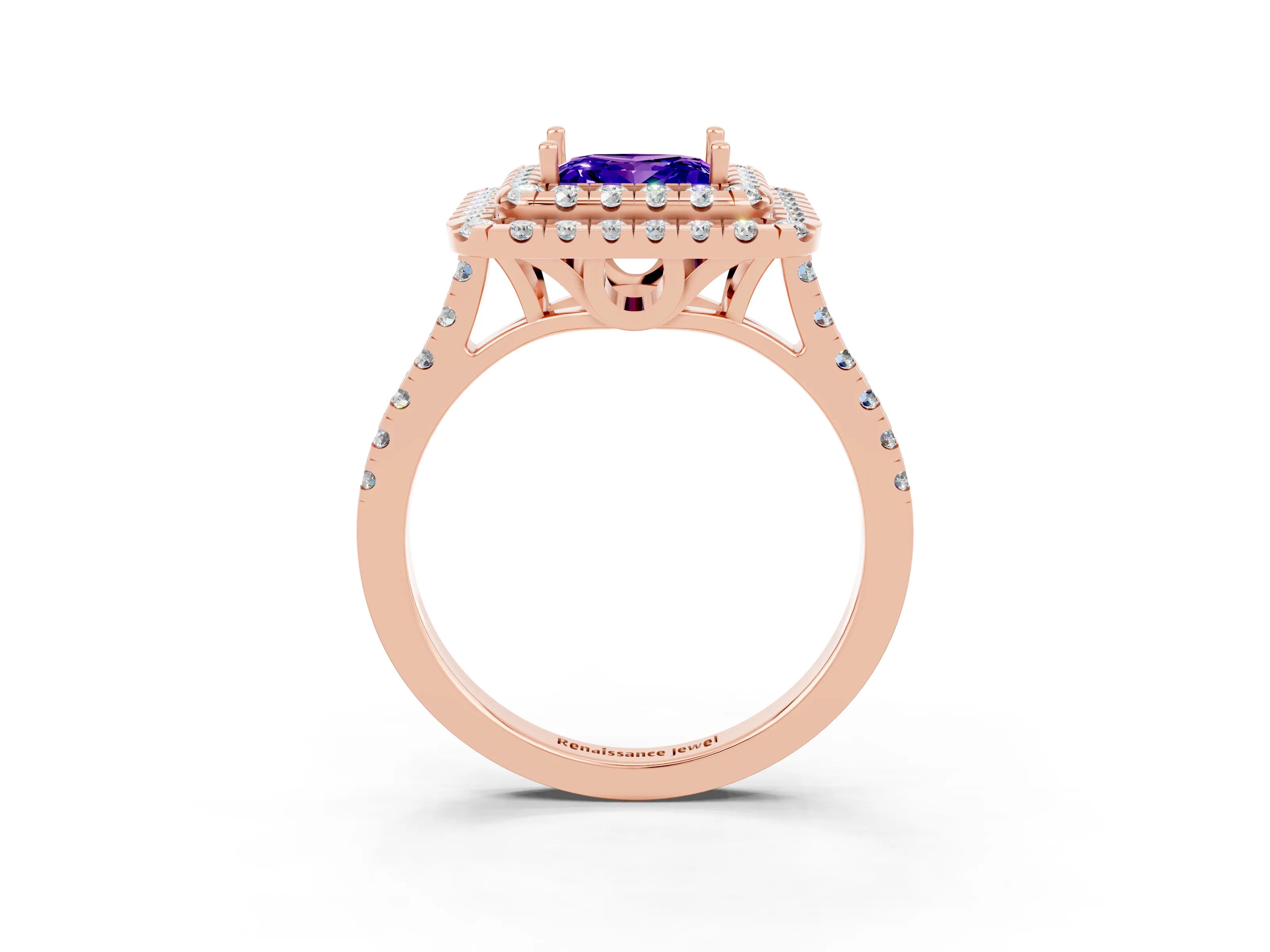 Rose gold Double Halo Princess Cut Tanzanite Pavé Band with Four-Prong Setting_3