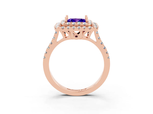 Rose gold Double Halo Princess Cut Tanzanite Pavé Band with Four-Prong Setting