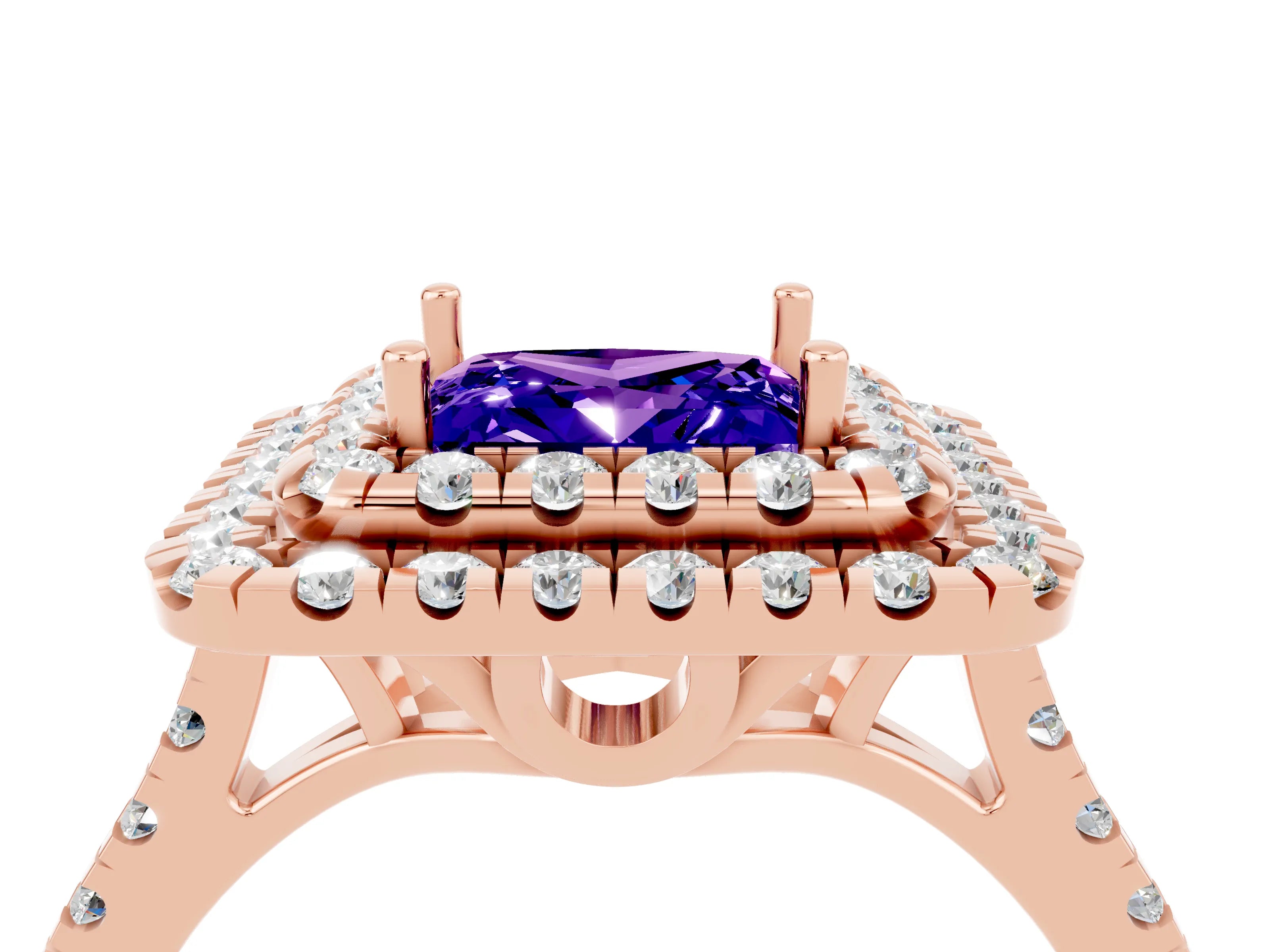 Rose gold Double Halo Princess Cut Tanzanite Pavé Band with Four-Prong Setting_4