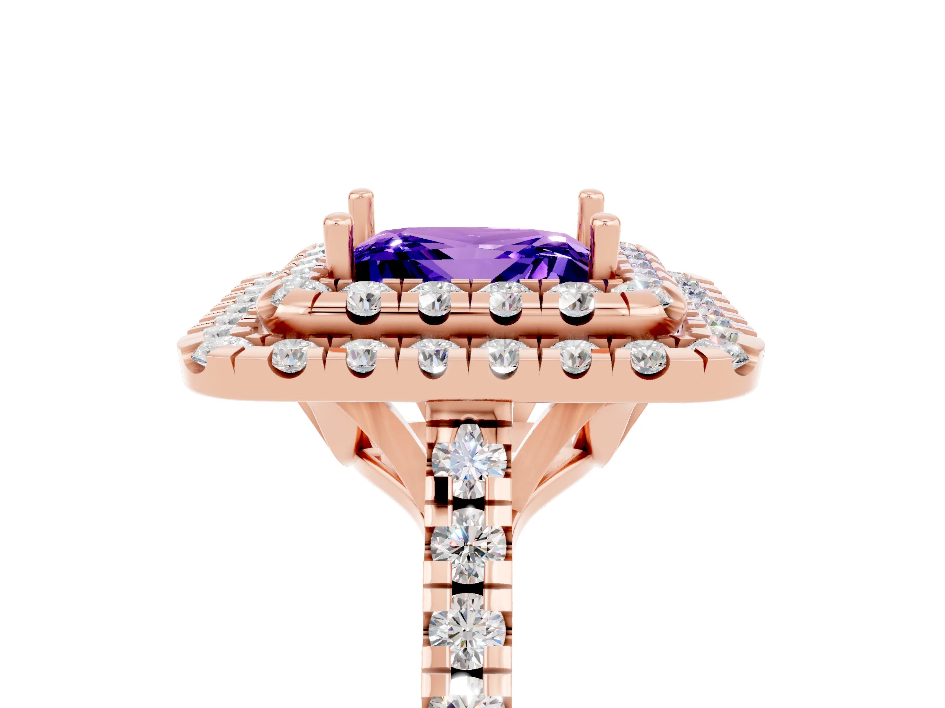 Rose gold Double Halo Princess Cut Tanzanite Pavé Band with Four-Prong Setting_5