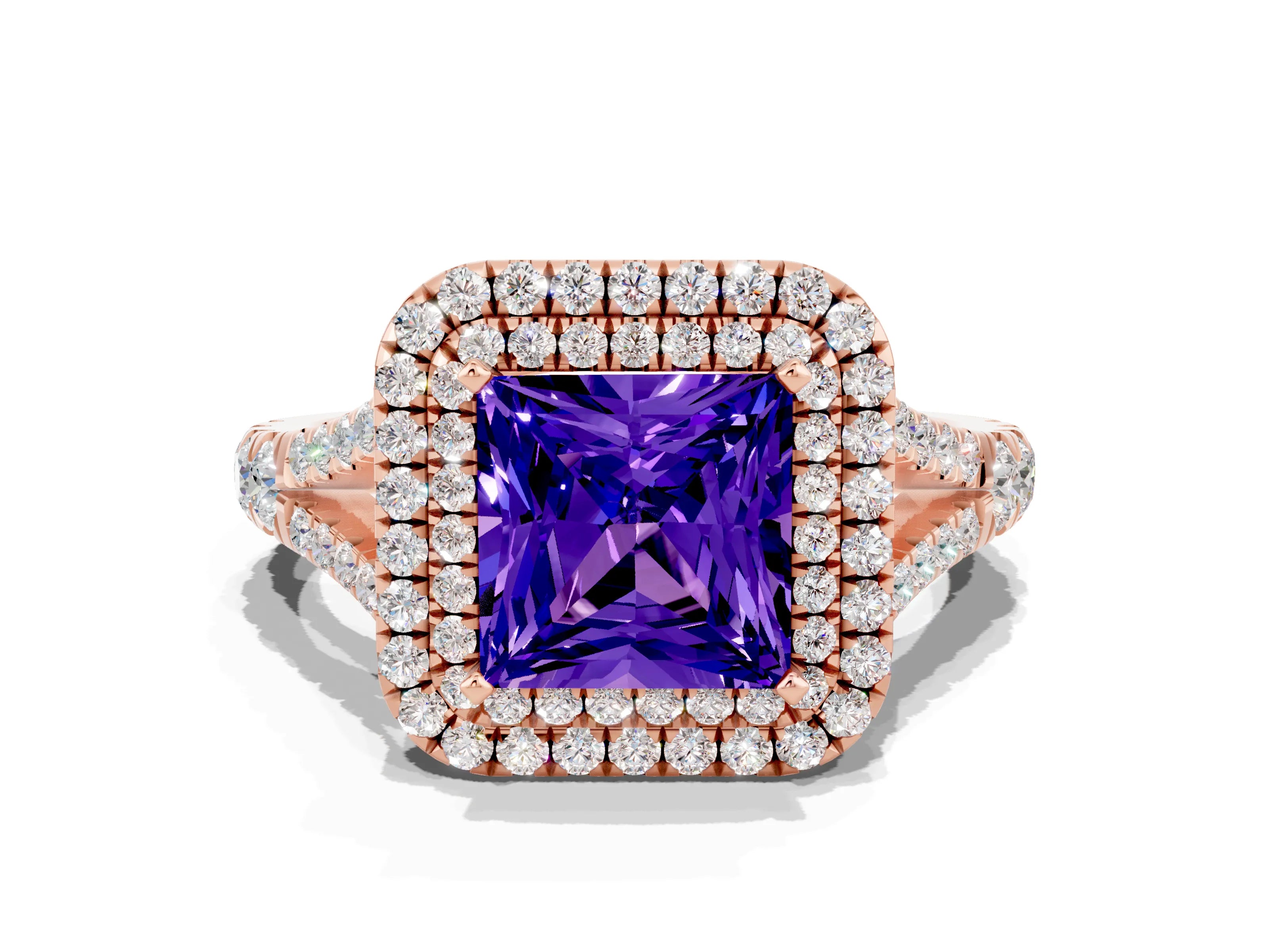Rose gold Double Halo Princess Cut Tanzanite Pavé Split Shank Ring with Prong Setting