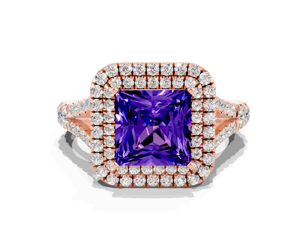 Rose gold Double Halo Princess Cut Tanzanite Pavé Split Shank Ring with Prong Setting