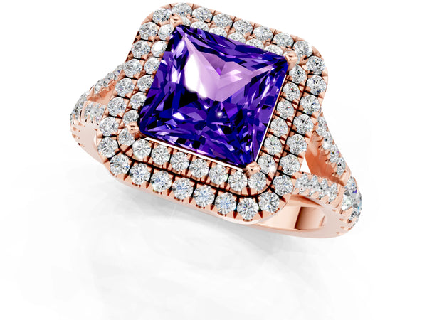 Rose gold Double Halo Princess Cut Tanzanite Pavé Split Shank Ring with Prong Setting