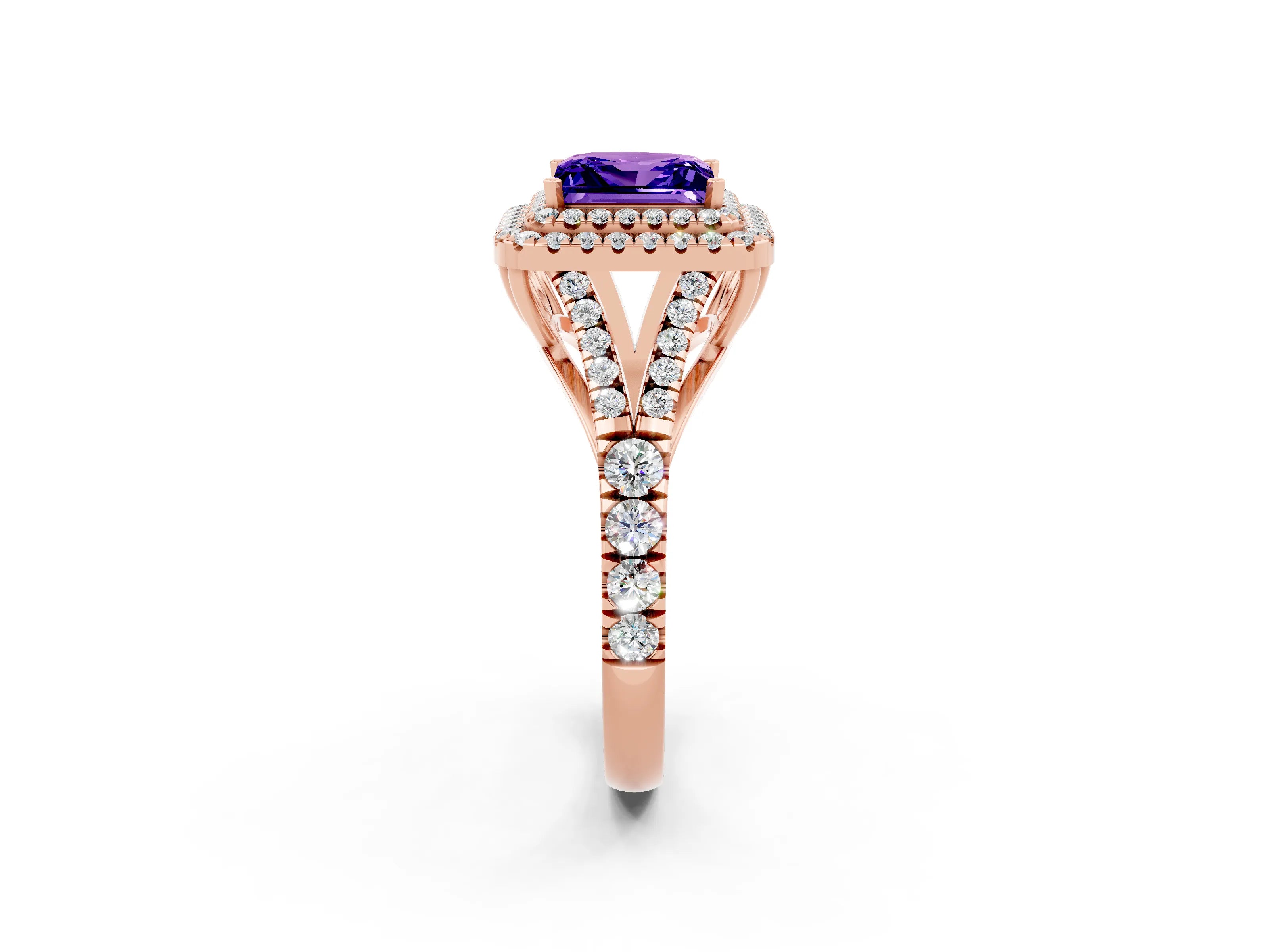 Rose gold Double Halo Princess Cut Tanzanite Pavé Split Shank Ring with Prong Setting_2