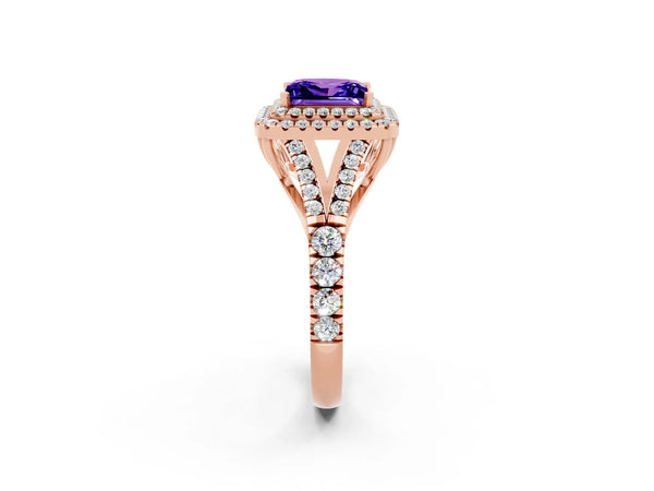 Rose gold Double Halo Princess Cut Tanzanite Pavé Split Shank Ring with Prong Setting