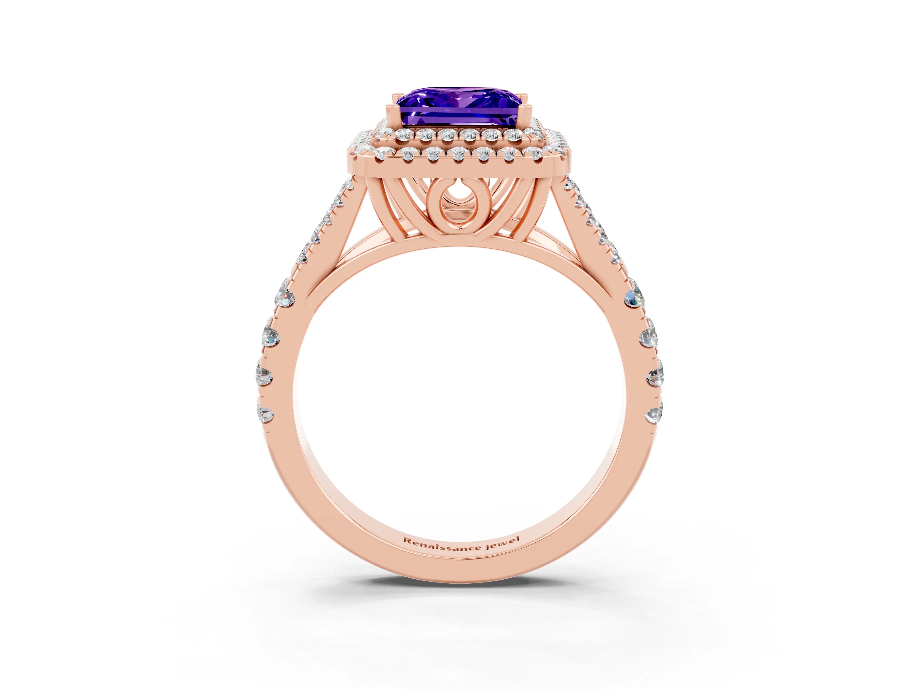 Rose gold Double Halo Princess Cut Tanzanite Pavé Split Shank Ring with Prong Setting_3