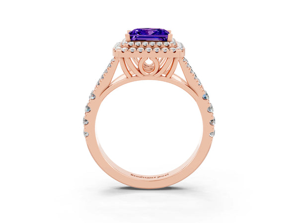 Rose gold Double Halo Princess Cut Tanzanite Pavé Split Shank Ring with Prong Setting
