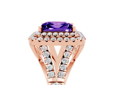 Rose gold Double Halo Princess Cut Tanzanite Pavé Split Shank Ring with Prong Setting_5