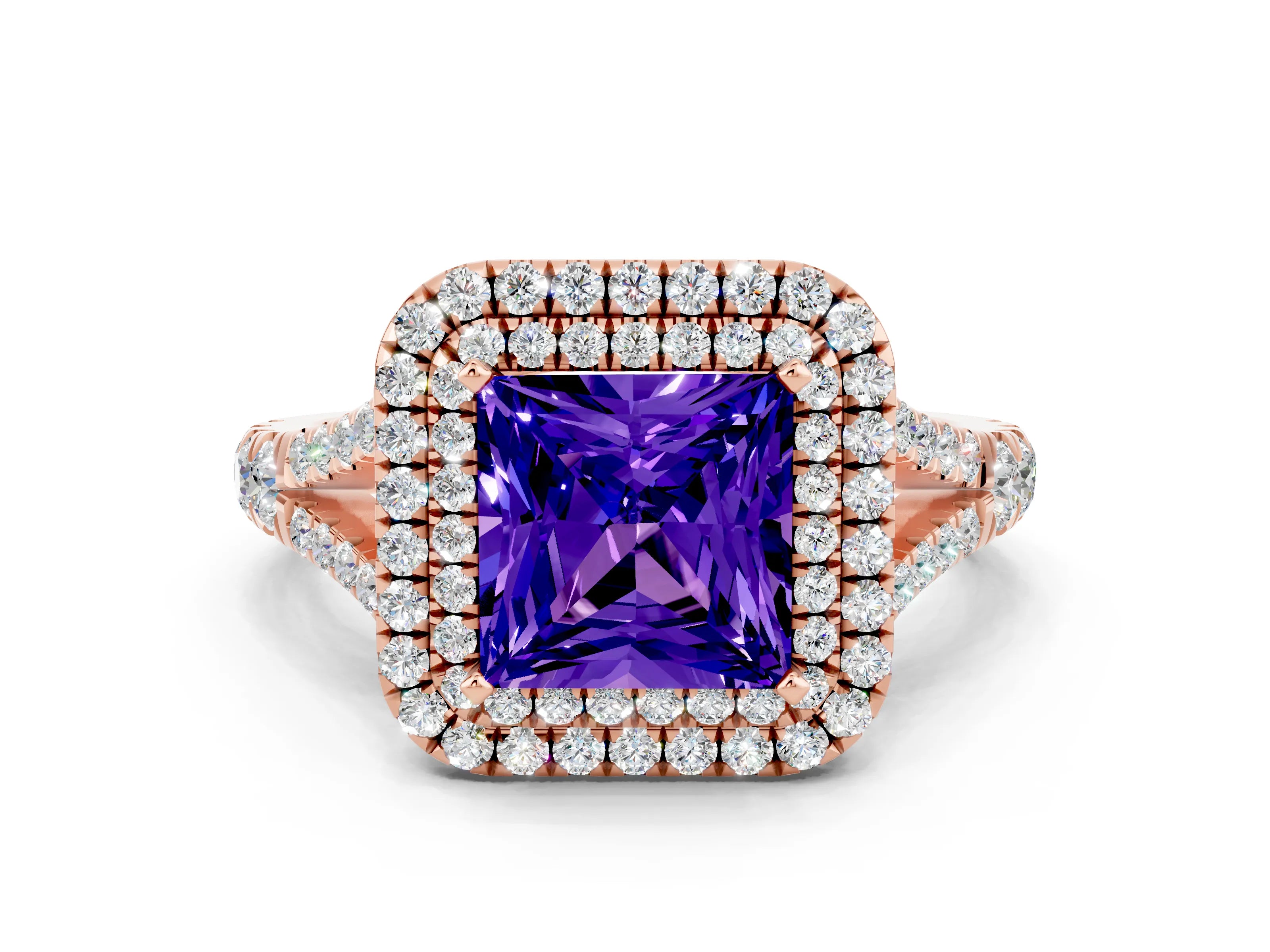 Rose gold Double Halo Princess Cut Tanzanite Split Shank Engagement Ring with Four-Prong Setting