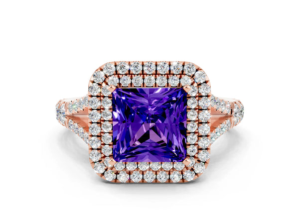 Rose gold Double Halo Princess Cut Tanzanite Split Shank Engagement Ring with Four-Prong Setting