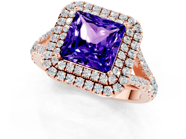 Rose gold Double Halo Princess Cut Tanzanite Split Shank Engagement Ring with Four-Prong Setting