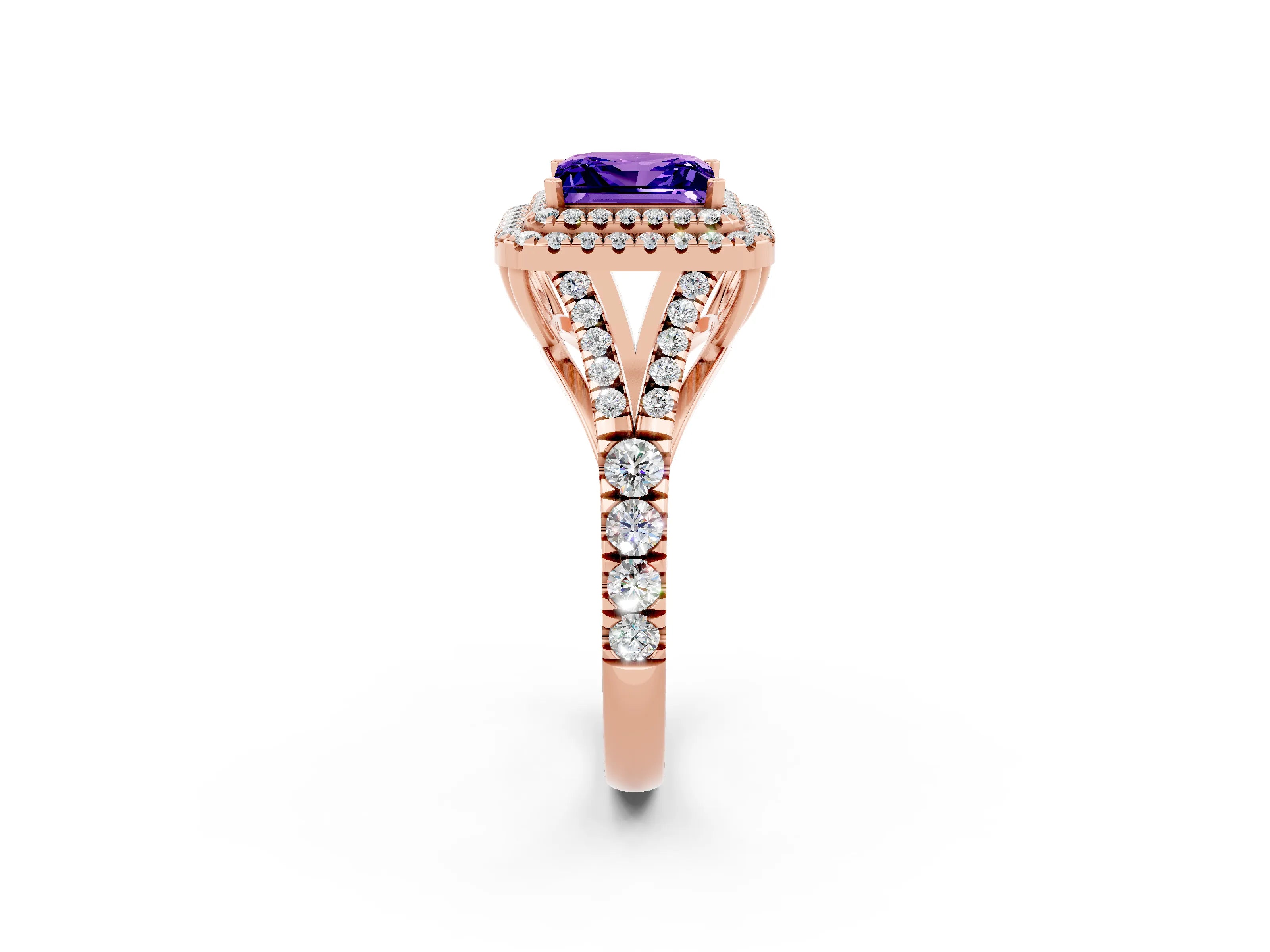 Rose gold Double Halo Princess Cut Tanzanite Split Shank Engagement Ring with Four-Prong Setting_2