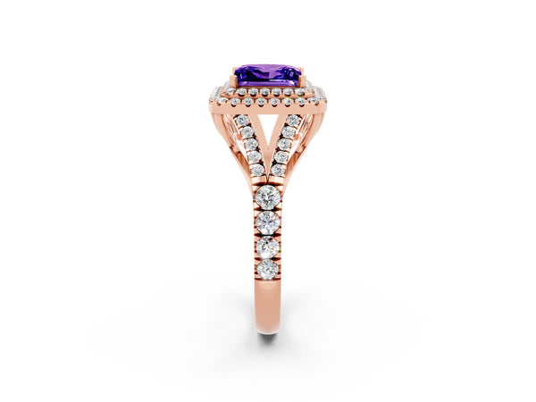 Rose gold Double Halo Princess Cut Tanzanite Split Shank Engagement Ring with Four-Prong Setting