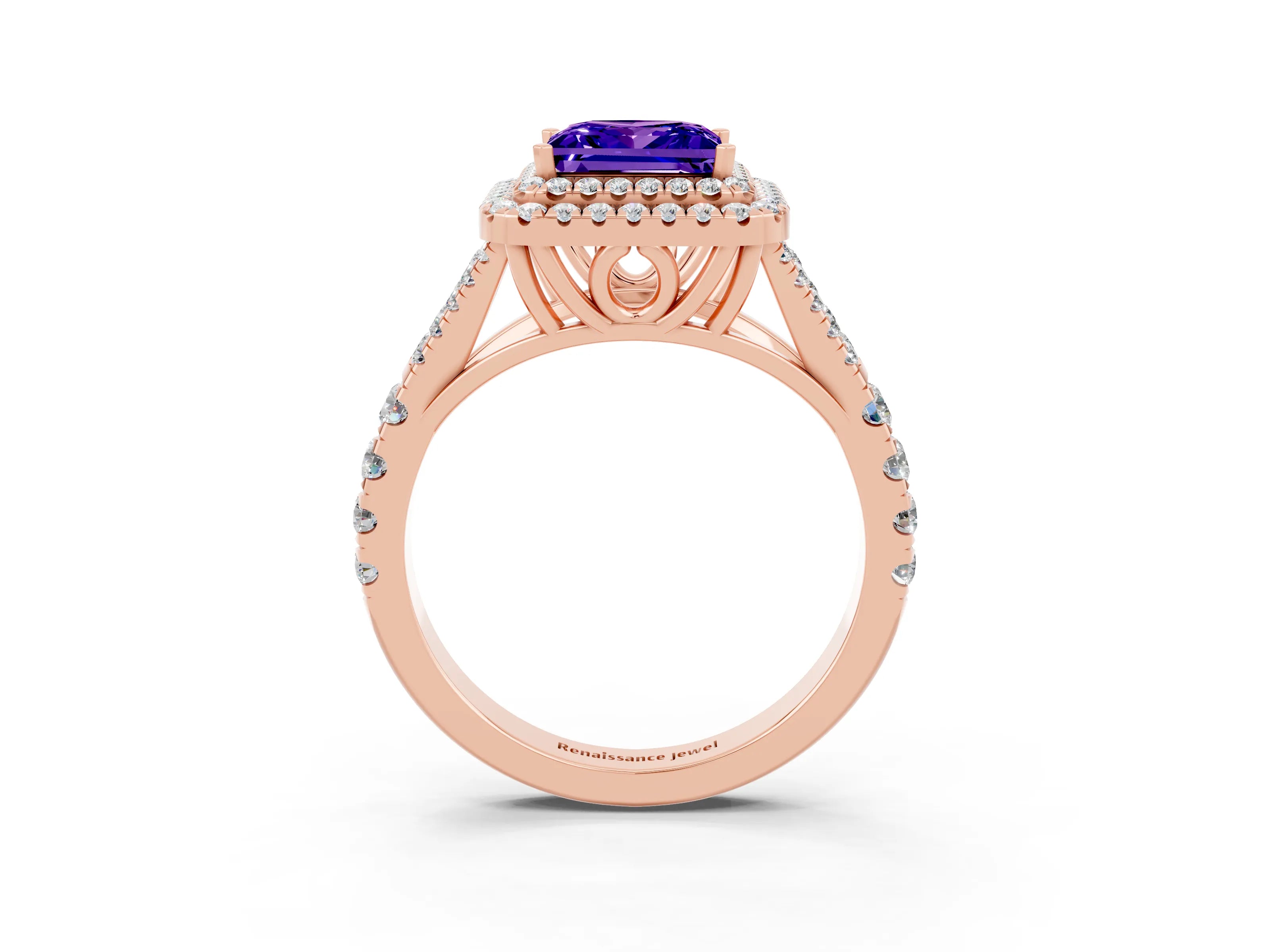 Rose gold Double Halo Princess Cut Tanzanite Split Shank Engagement Ring with Four-Prong Setting_3