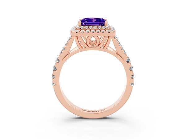 Rose gold Double Halo Princess Cut Tanzanite Split Shank Engagement Ring with Four-Prong Setting