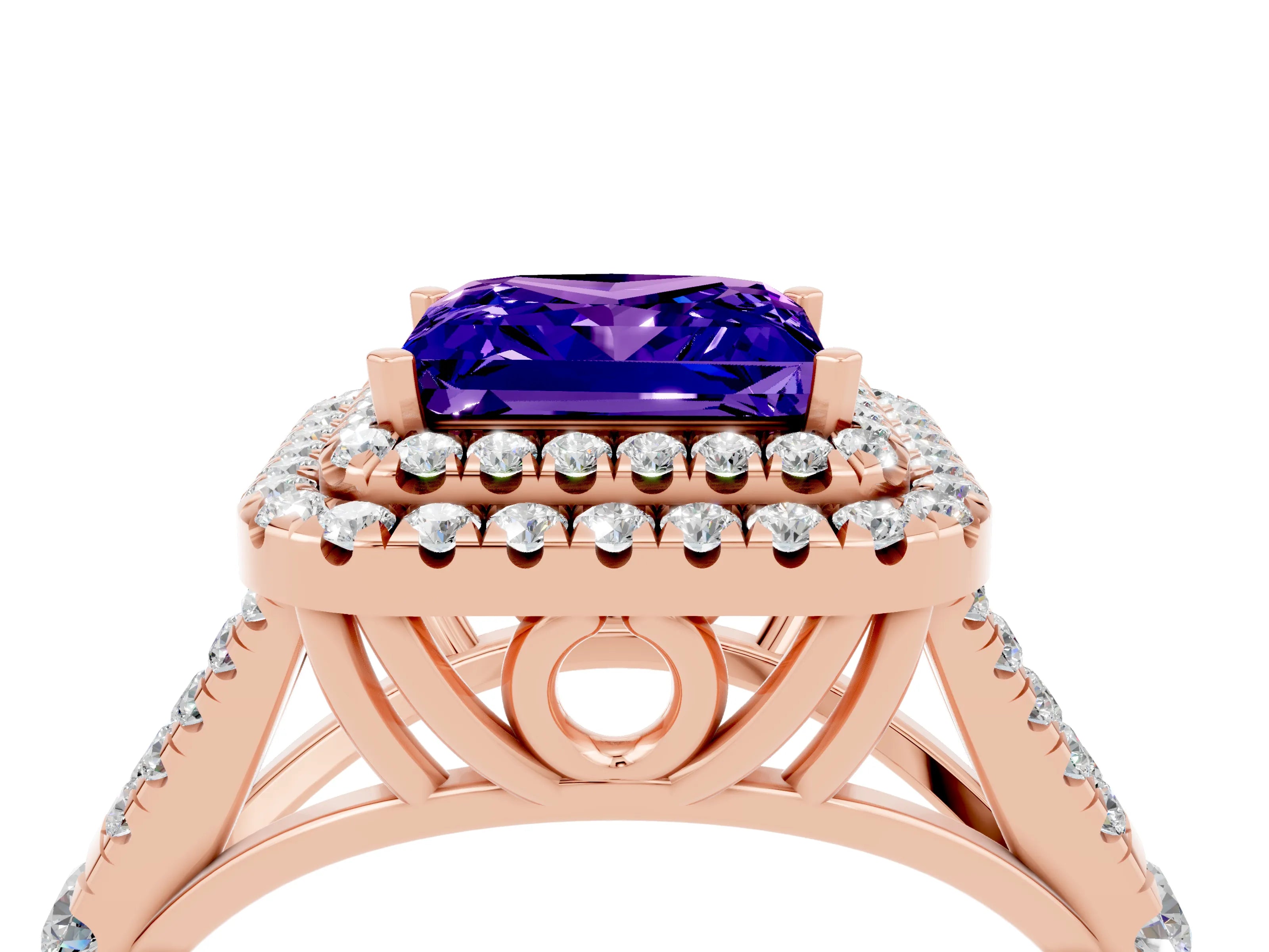 Rose gold Double Halo Princess Cut Tanzanite Split Shank Engagement Ring with Four-Prong Setting_4