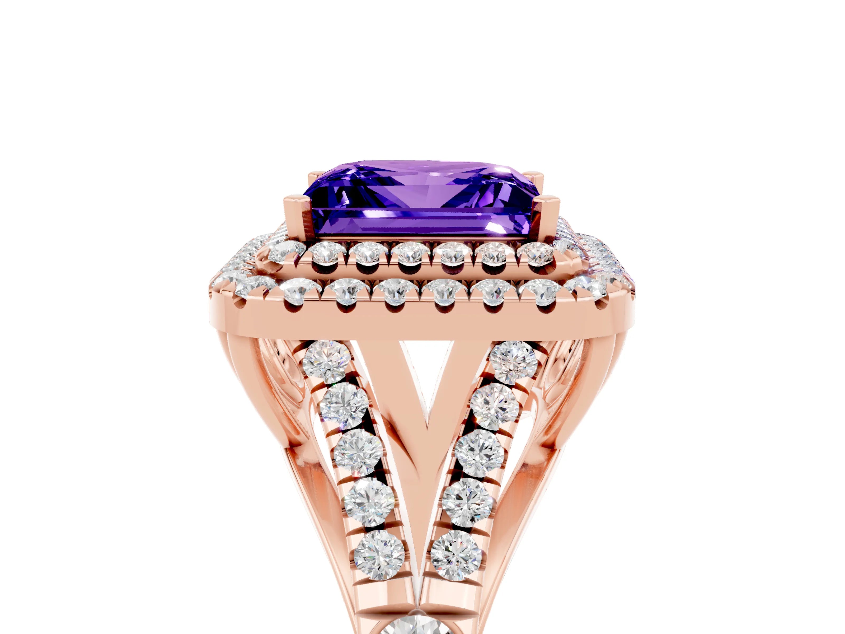 Rose gold Double Halo Princess Cut Tanzanite Split Shank Engagement Ring with Four-Prong Setting_5