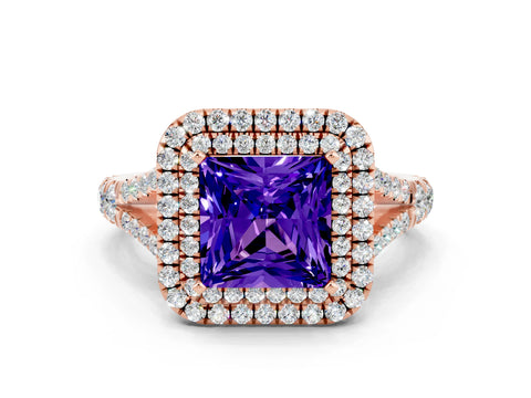 Rose gold Double Halo Princess Cut Tanzanite Split Shank Engagement Ring with Four-Prong Setting