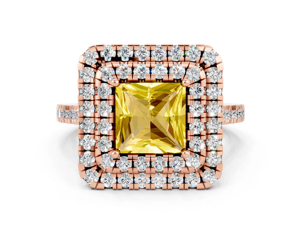 Rose gold Double Halo Princess Cut Yellow Sapphire Pavé Band with Four-Prong Setting