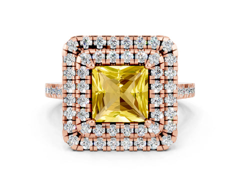 Rose gold Double Halo Princess Cut Yellow Sapphire Pavé Band with Four-Prong Setting_24