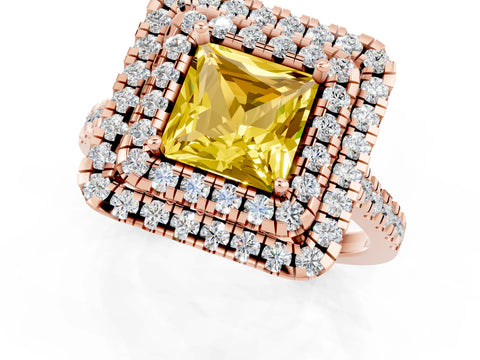 Rose gold Double Halo Princess Cut Yellow Sapphire Pavé Band with Four-Prong Setting_25