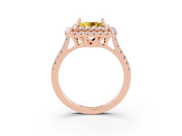 Rose gold Double Halo Princess Cut Yellow Sapphire Pavé Band with Four-Prong Setting