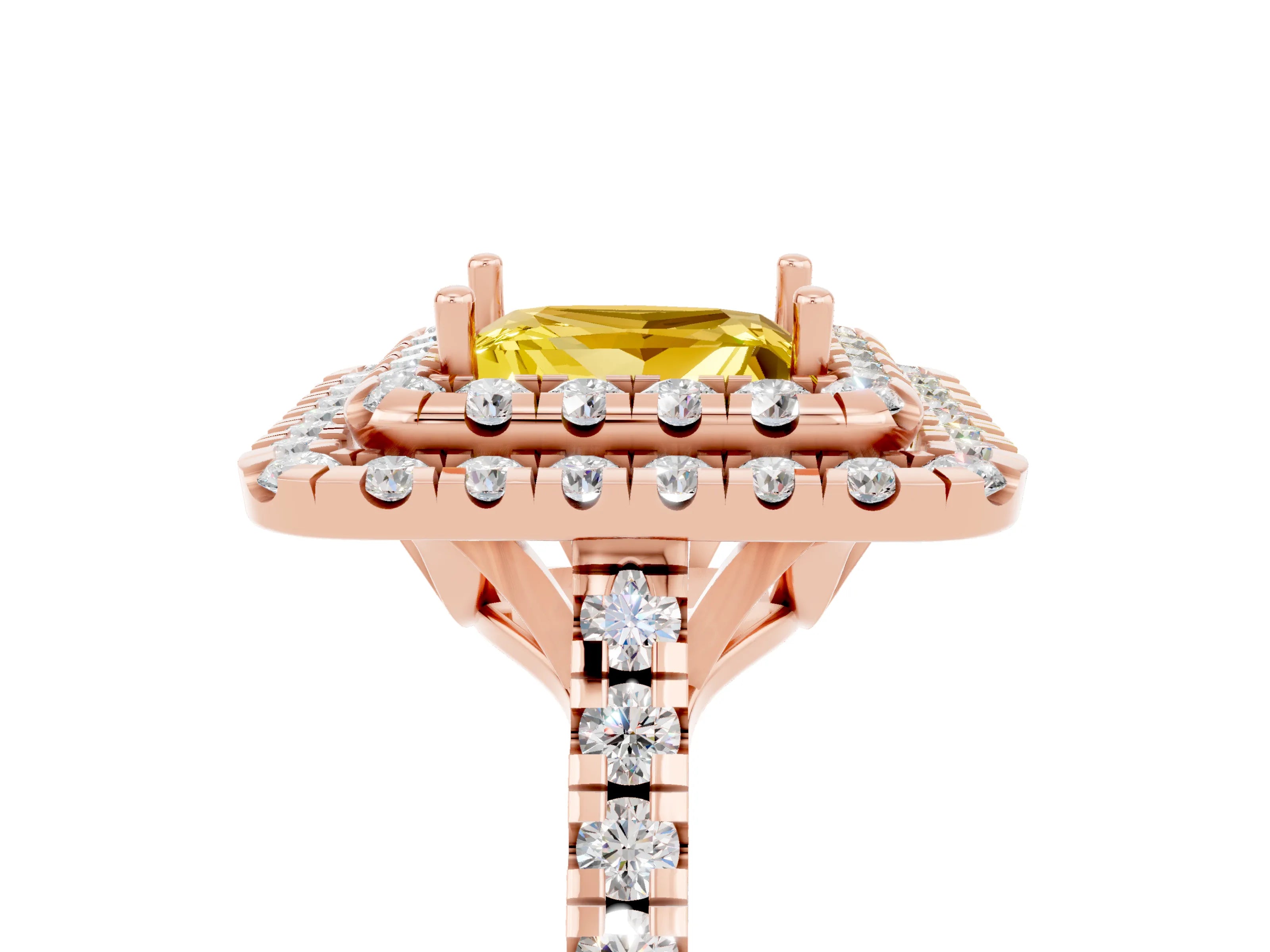 Rose gold Double Halo Princess Cut Yellow Sapphire Pavé Band with Four-Prong Setting_29